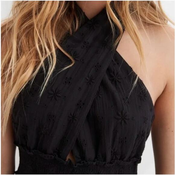 Aerie Spring Fling Eyelet Black Crossover Halter Mini Lined Dress Size Small - Picture 8 of 13